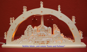 Schwibbogen "Burgenblick Schlitz Wintertraum" klein mit Sterne, rotem Turm und Schneeglimmer, 2te Ebene gespiegelt